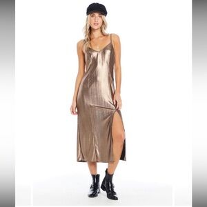 Elegant Brown/black Metallic Midi Dress Small